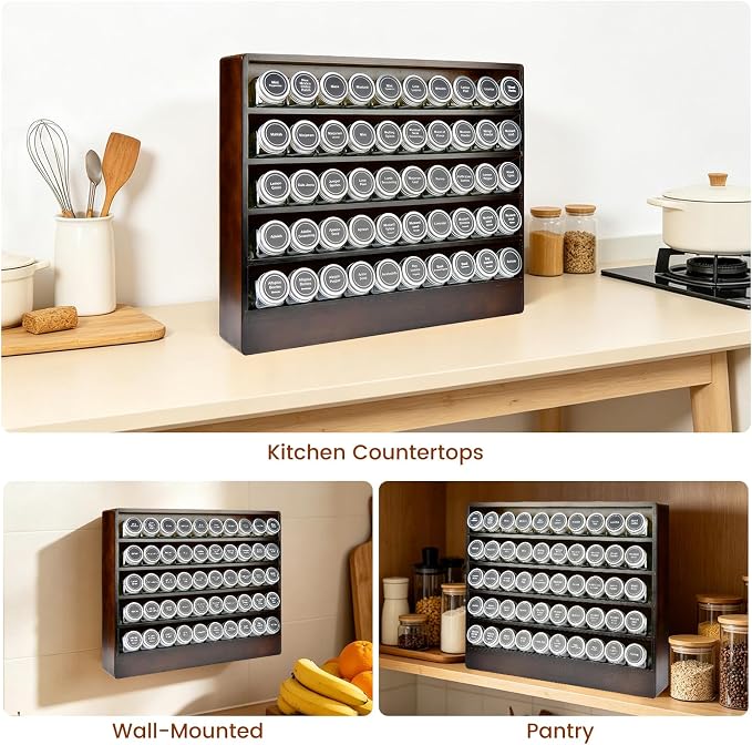 Bamboo Tiered Spice Rack Organizer for Cabinet,Wooden Seasoning Rack for Countertop, Cupboard, Pantry, Kitchen (Spice Jars Not Included)