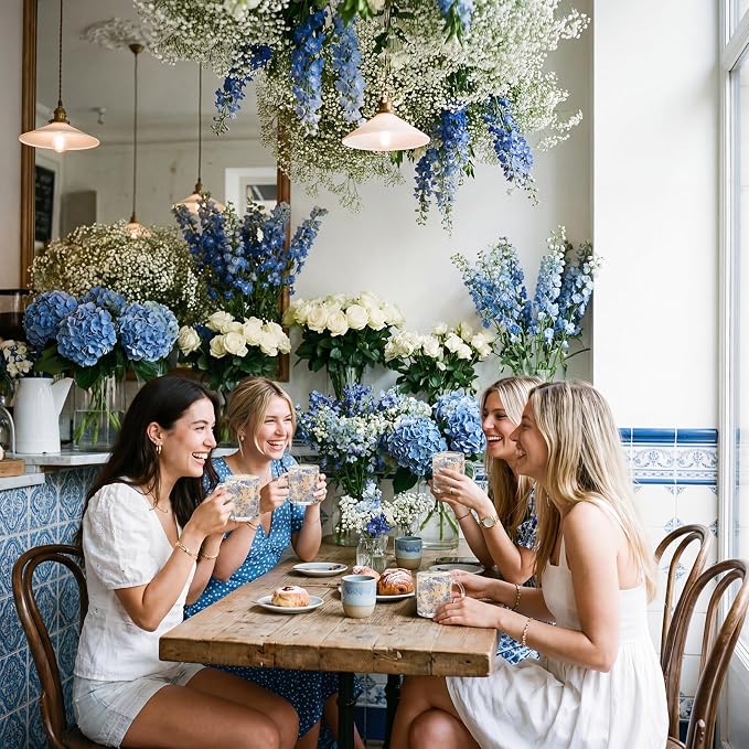 Willinglong 4 Pcs Blue Floral Glass Coffee Mugs 12oz Blue and White Flower Chinoiserie Cups with Handle Spring Summer Drinking Cups Gift for Bridal and Baby Shower Tea Garden Birthday Wedding Party