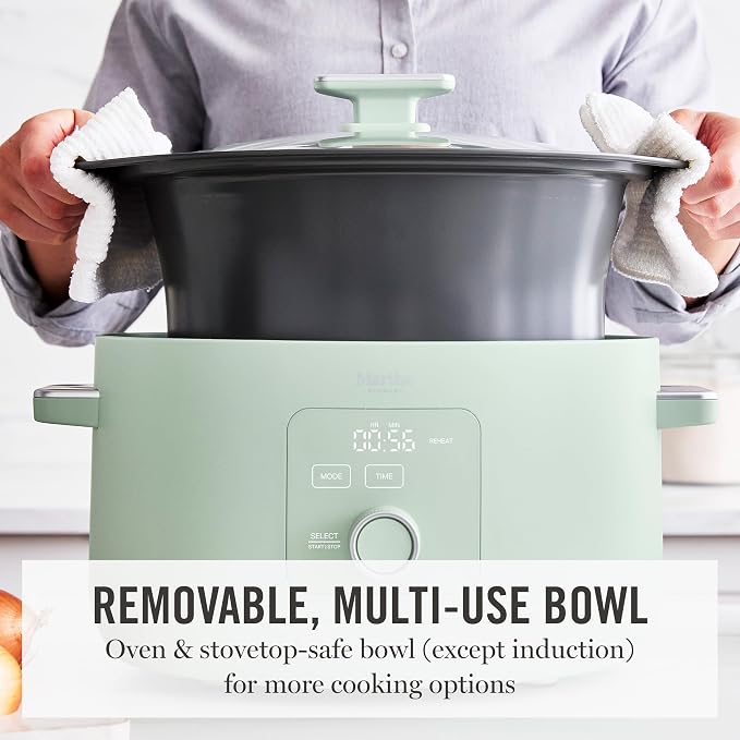 Martha Stewart 8 Quart Slow Cooker, Ceramic Nonstick Removable Bowl, Programmable with Timer, Stovetop & Oven Safe, 3 Temperature Settings, Simmer, Reheat, Warm, Glass Lid, Cool Touch Handles,Honeydew