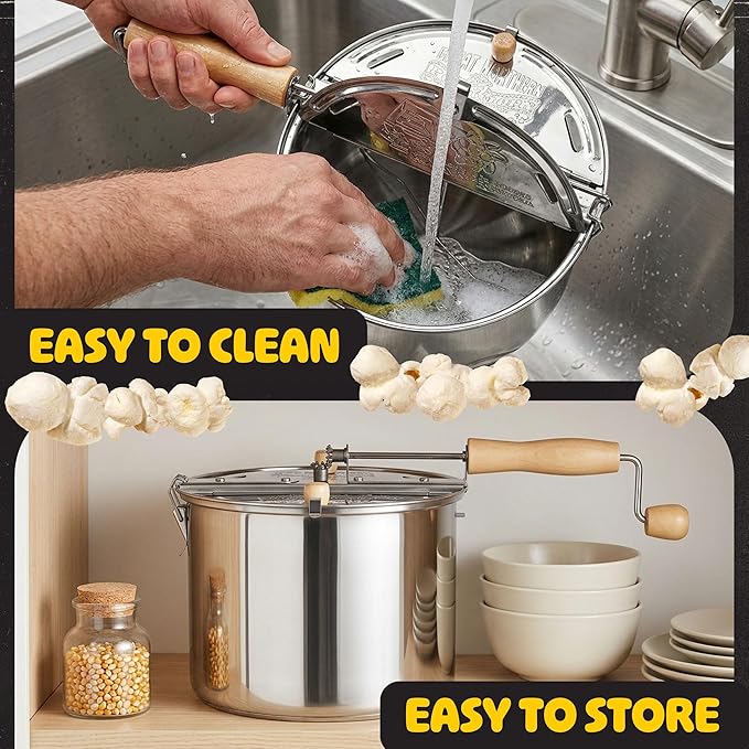 Stovetop Popcorn Maker - 6.5-Quart Stainless-Steel Popcorn Popper with a Hand Crank, Vented Lid, and Stir Paddle by Great Northern Popcorn (Silver)