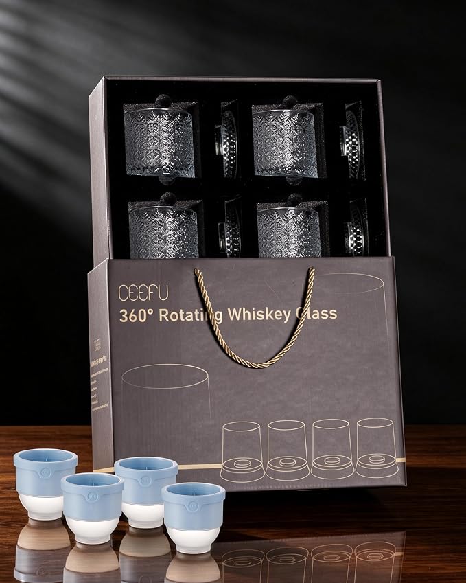 CEEFU Old Fashioned Whiskey Glasses with 360° Rotating Base, Set of 4 (4 Crystal Glasses Set, 4 Big Ice Ball Molds) In Gift Box - Bourbon, Cocktail, Rocks, Bday Gifts Ideas for Men, Snowflake Pattern
