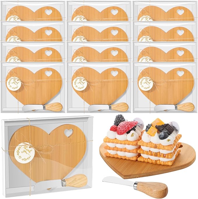 Maxcheck 12 Set Bridal Baby Shower Favor Heart Shaped Charcuterie Board Bulk 7x5inch Mini Cheese Board Gift with Knives Thank You Tag for Guest Birthday Bridal Wedding Baby Shower Prize (Bamboo Color)
