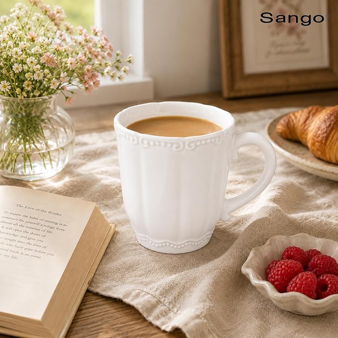 SANGO Bethany White Mugs Set of 4, 12 oz Stoneware White Coffee Mugs, Vibrant Ceramic Drinkware for Coffee, Tea or Cocoa, Durable Everyday Cups, Dishwasher & Microwave Safe, Kitchen Mug Set