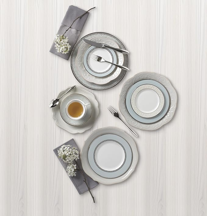 Lenox Dinnerware Set, Westmore 5-Piece Place Setting Set, Service for 1, Bone China Dinnerware, Dishwasher And Microwave Safe, Plate, Saucer, and Teacup, Kitchen and Dining (White/Blue, 5 Piece)