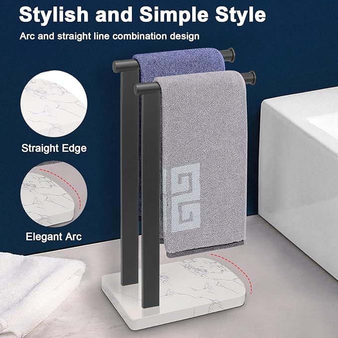 NearMoon Hand Towel Holder with Balanced Marble Base, SUS304 Stainless Steel Stand Towel Ring L Shape Hand Towel Rack Free-Standing Towel Bar for Bathroom Kitchen Countertop (Double Rod, Matte Black)