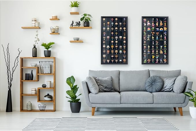 Shot Glass Display Cabinet Solid Wood - Large Display Case for Collectibles | Man Cave Accessories | UV Protection Acrylic Door | Wall Mounted Black Shadow Box | 52 Divided Slots | 32" x 17"