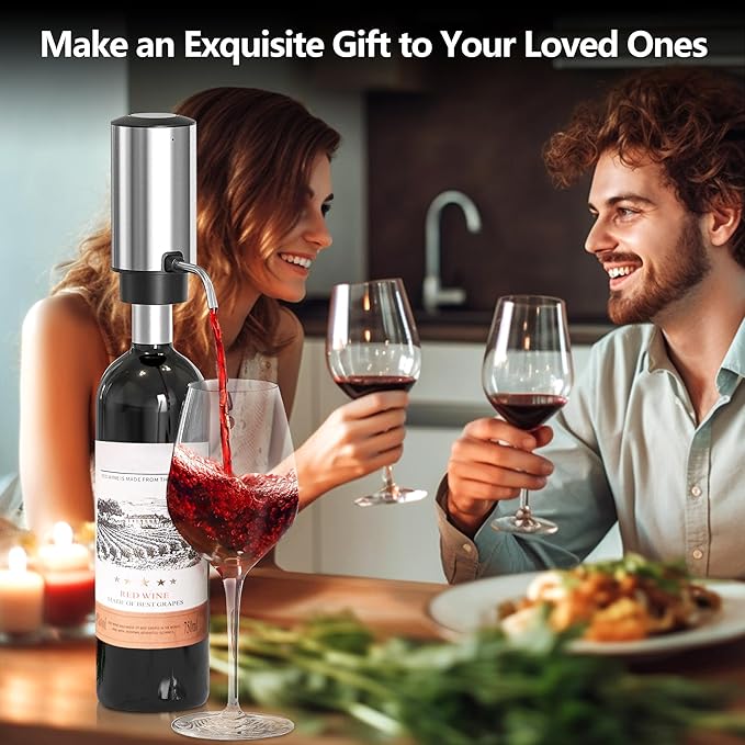 Electric Wine Decanter, Rechargeable Automatic Wine Aerator Wine Dispenser with Foil Cutter, Wine Stopper, Type-C Charging One Touch Wine Pourer for Home Party Wedding, Stainless Steel