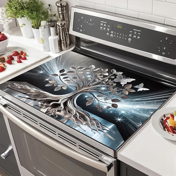 HOMETITUTE Tree Butterfly Stove Top Cover for Electric Stove Diatomite Dish Drying Mat Floral Embossed Kitchen Protector 28x20 Inch Heat Resistant Pad Coffee Station Mat