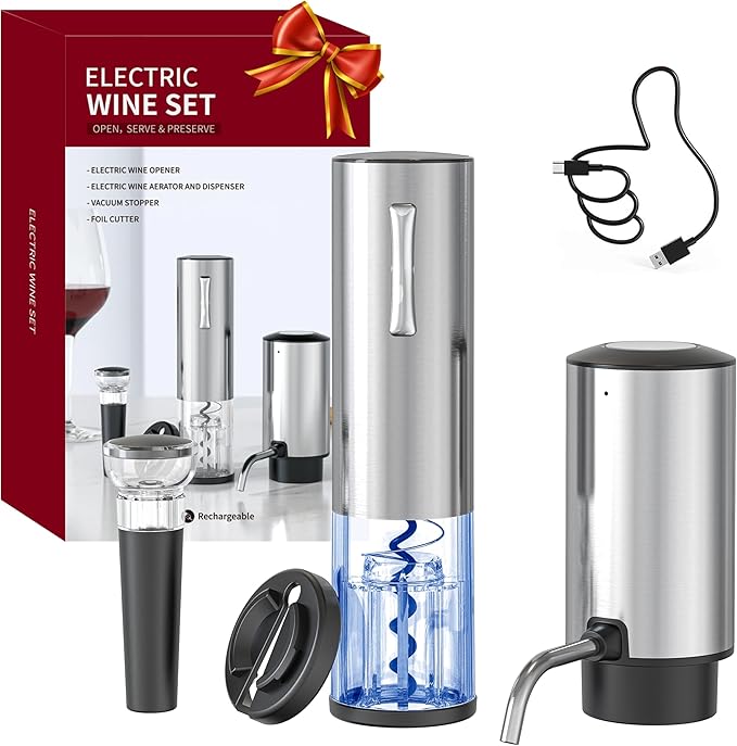 Rechargeable Electric Wine Opener Set, 4-in-1 Automatic Opener Kit with Aerator Pourer, Foil Cutter, Vacuum Pump and Stoppers - Ideal Gift for Mother's Day, Father's Day, Birthday and Anniversary