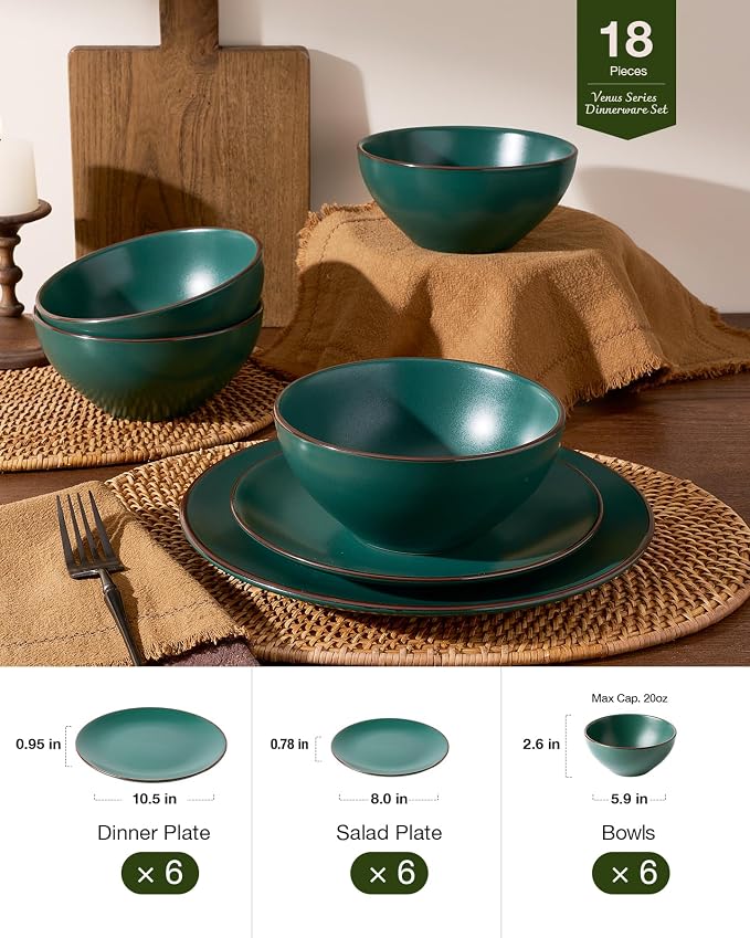 Famiware Venus Plates and Bowls Sets with Trim, 18 Pieces Speckled Stoneware Dinnerware Set for 6, Matte Dark Green - Modern Minimalist, Microwave & Dishwasher Safe Dishes for Everyday & Formal Dining
