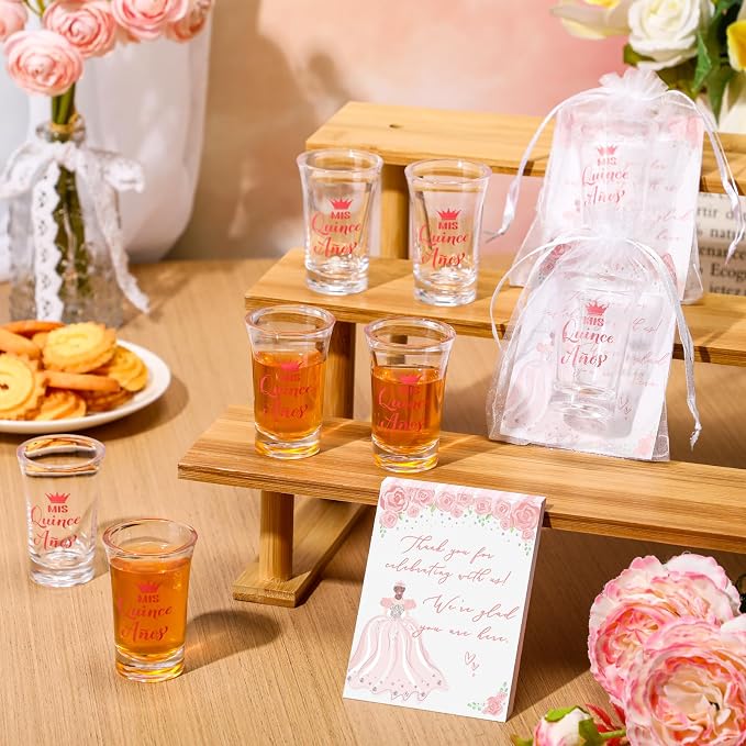 Havawish 50 Sets Quinceanera Party Favors for Guests Quinceanera Acrylic Clear Personalized Shot Glasses Thank You Cards with Organza Bags Mis Xv Años Sweet 15 Birthday Party Favors (Pink)