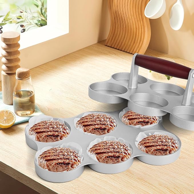 Mini Burger Press Small Meat Patty Maker with 300 Patty Papers Round Shape Press Patty Maker for Mini Hamburger, Barbecue, Picnic, Camping, Six 2.64-inch molds (6 Slots+300 Patty Papers)