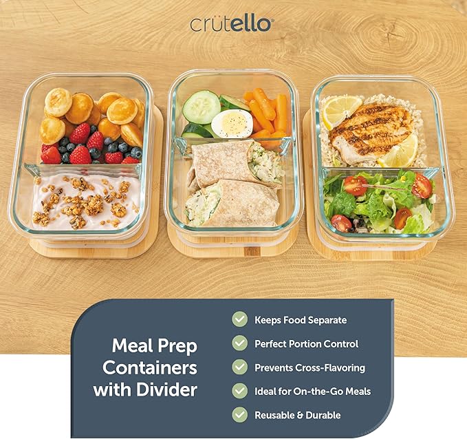 Crutello Glass Storage Containers with Bamboo Lids - Eco-Friendly Non Toxic Meal Prep Jars with Wooden Lid for Fridge and Kitchen Organization - Non Plastic Container for Fruit Bowls - 48 oz - 4 Pack