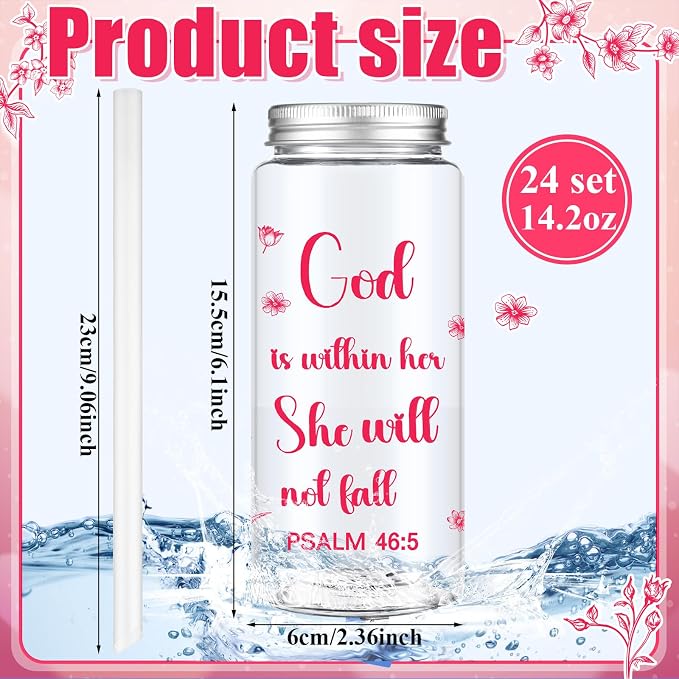 Skylety 24 Pcs Christian Cups for Women Bulk God Is Within Her She Will Not Fall 14 oz Plastic Tumbler with Lid and Straw Religious Bible Verse Gift for Church Mom Women