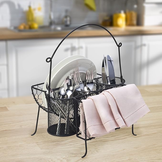 Mikasa Gourmet Basics Farmer's Market Picnic Caddy - Expandable Flatware Organizer - Iron Wire Frame with Compartments - Portable Silverware Drawer Organizer with Handle for Easy Carrying