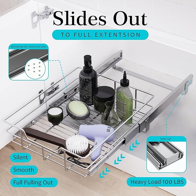 Pull Out Cabinet Organizer 11" W X 22" D, Slide Out Drawers For kitchen organizers and storage, Pull Out Drawers For Cabinets Capacity Heavy Duty Caddy, Cabinet Shelves Chrome-Plated, Bathroom Pantry