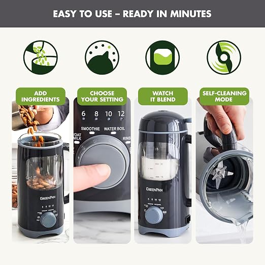 GreenPan 30oz Nut Milk Maker Machine, 15-in-1 for Homemade Almond, Oat, Soy, Coconut, Plant-Based Non-Dairy Beverages, Soups, BPA-Free Glass, Automatic Self-Clean, Delay Start, Gray