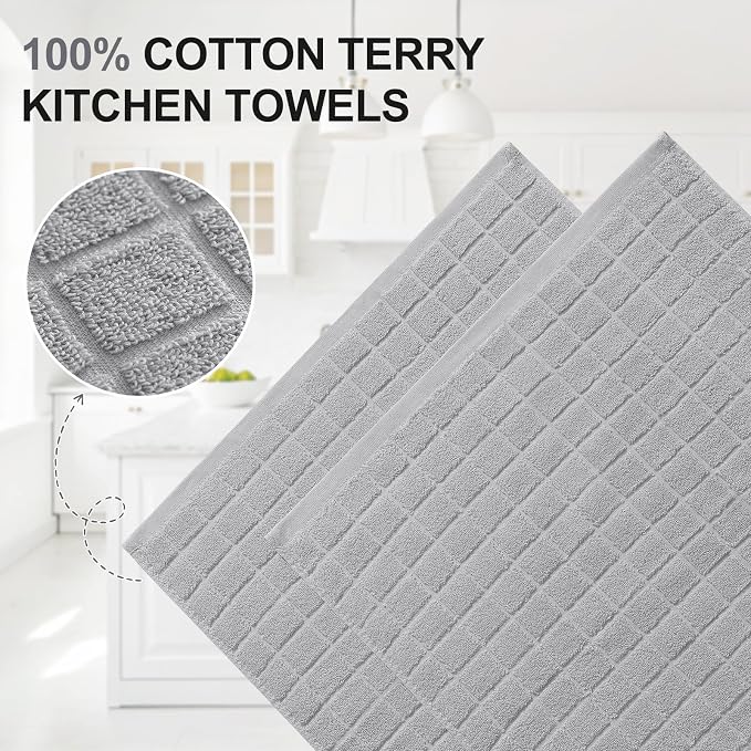 Homaxy Premium Cotton Kitchen Towels 16"x 28", Large Natural Ring Spun 390 GSM Dish Towels, Super Absorbent Terry Kitchen Hand Towels, Soft Tea Towels with Hanging Loop, Pure Light Grey Design, 4 Pack