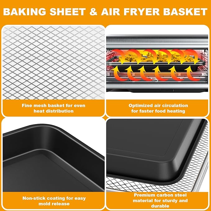 Air Fryer Basket and Baking Pan Replacement for Ninja Foodi SP101 Air Fry Oven, Stainless Steel Crisper Basket and Non-stick Baking Tray for Ninja Digital Air Fry Countertop Oven SP100 SP201