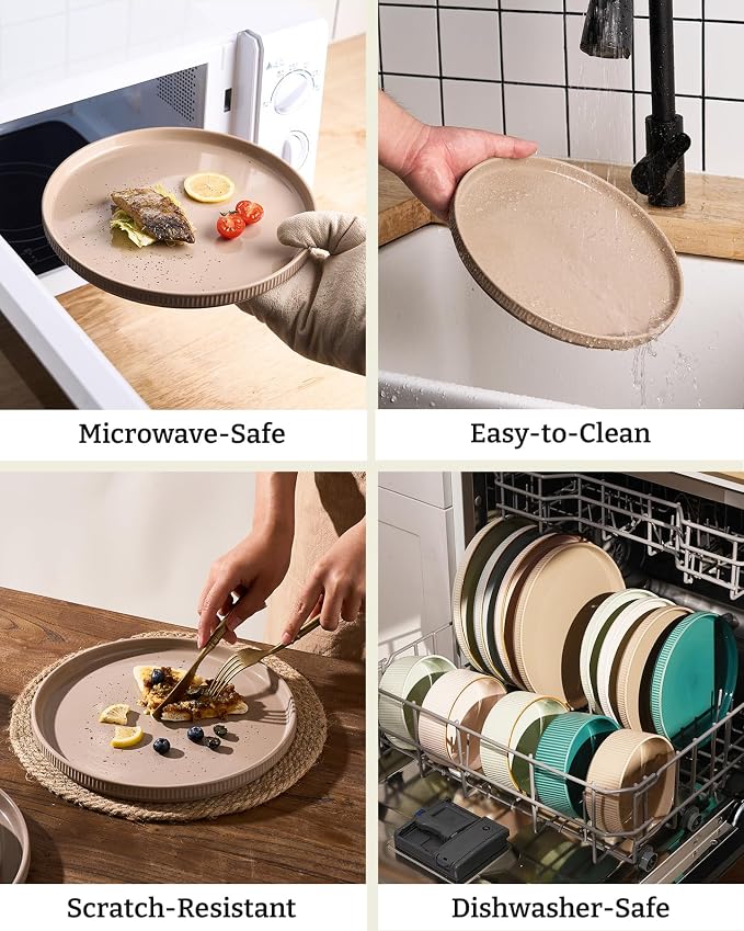 Famiware Star 16-Piece Stoneware Dinnerware Set for 4 – Shallow Pasta Bowls & Flat Plates – Modern Rustic Dishes, Everyday & Formal Use – Chip & Scratch Resistant, Microwave & Dishwasher Safe, Brown