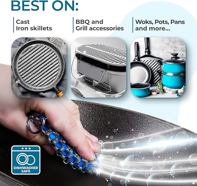 Cast Iron Care Bundle: 316 Stainless Steel 𝐓𝐫𝐢𝐩𝐥𝐞 𝐑𝐢𝐧𝐠 𝐂𝐡𝐚𝐢𝐧𝐦𝐚𝐢𝐥 Scrubber (Blue) & Extra Thick Leather Handle Cover (𝐌𝐚𝐝𝐞 𝐢𝐧 𝐆𝐞𝐨𝐫𝐠𝐢𝐚) – Perfect for Pan