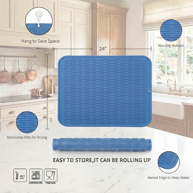 MicoYang Silicone Dish Drying Mat for Multiple Usage,Easy clean,Eco-friendly,Heat-resistant Silicone Mat for Kitchen Counter or Sink,Refrigerator or Drawer Liner Lichen BlueL 2XL 24 inches x 18 inches