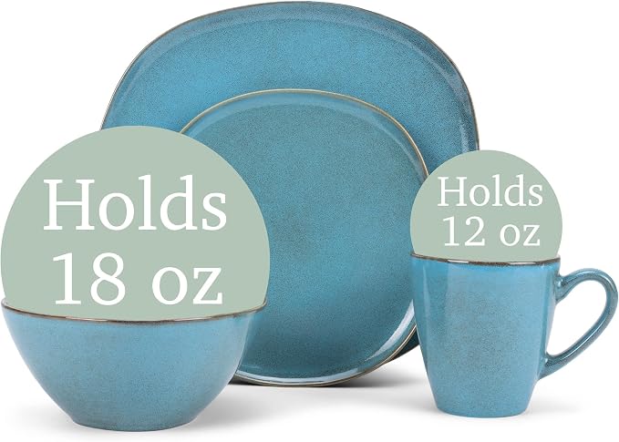 Elanze Designs 16-Piece Modern Luxury Chic Smooth Vintage Handmade Shape High Gloss Ceramic Stoneware Square Plate Mug & Bowl Kitchen Dinnerware 16 Piece Set - Service for 4, Turquoise
