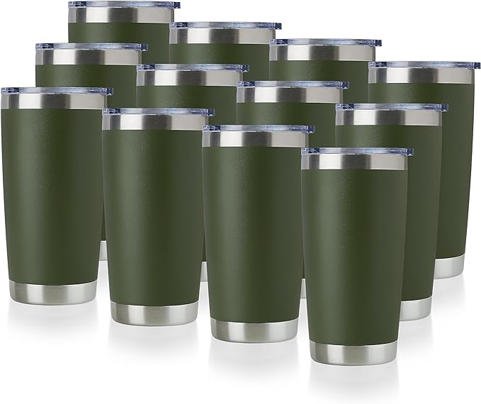 DOMICARE 20oz Stainless Steel Tumbler Bulk with Lid, Double Wall Vacuum Insulated Travel Mug, Powder Coated Coffee Cup, Army Green, 12 Pack