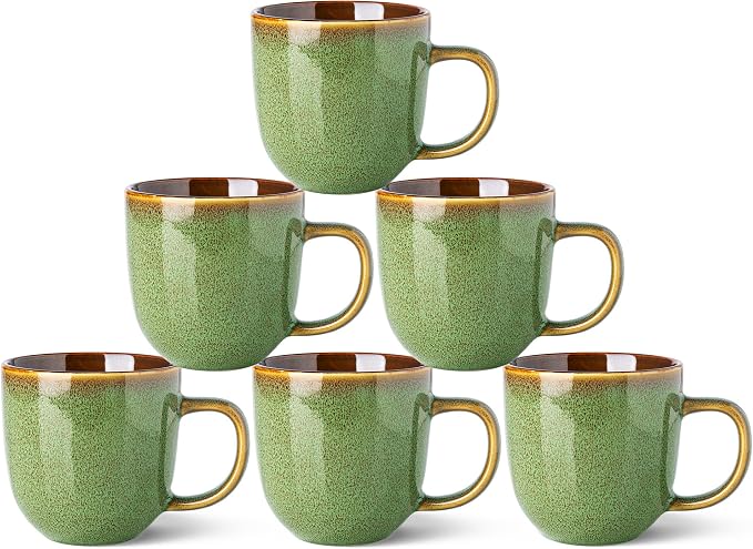 LERATIO Ceramic Coffee Mugs Set of 6,12oz Handmade Coffee Mugs Set with Large Handle for Cappuccino/Latte/Tea/Hot Cocoa, Dishwasher & Microwave Safe-Sage Meadow Green