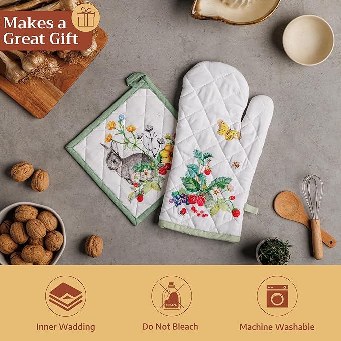 Maison d' Hermine Pot Holders 100% Cotton Heat Resistant Potholders 8" x 8" Hot Pads with Loop BBQ Cooking Baking Gifts for Mothers Day Handling Hot Pans Spring/Summer (Pack of 1, Printemps)