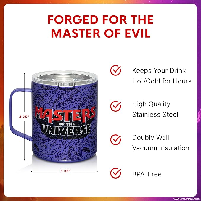 Dragon Glassware x Masters of the Universe (MOTU) Stainless Steel Camp Mug - 12 oz Insulated Camping Mug for Coffee, Tea, Matcha, Hot Beverages - Official 2026 Movie Merch - Skeletor