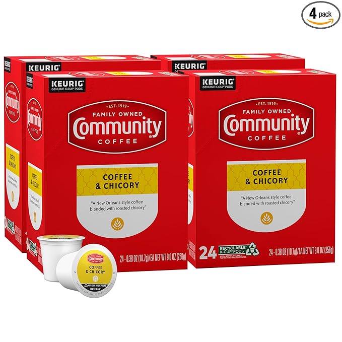 Community Coffee Coffee & Chicory 96 Count Coffee Pods, Medium-Dark Roast, Compatible with Keurig 2.0 K-Cup Brewers 24 Count (Pack of 4)