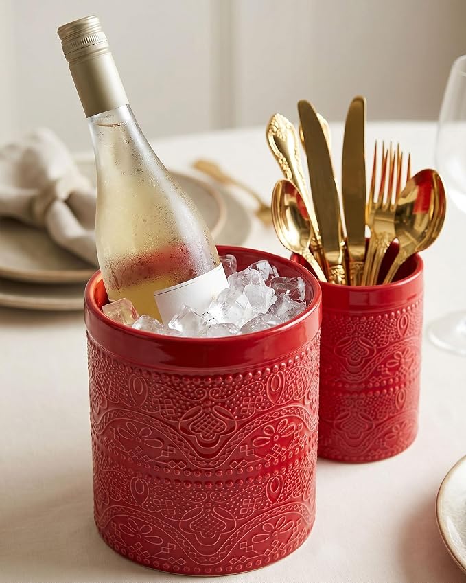 FUN ELEMENTS Kitchen Utensil Holder, 7.2+5.5" Super Large Utensil Crock Heavy and Stable Lace Emboss Ceramic Utensil Holder for Kitchen Counter (2Pcs Christmas Red)