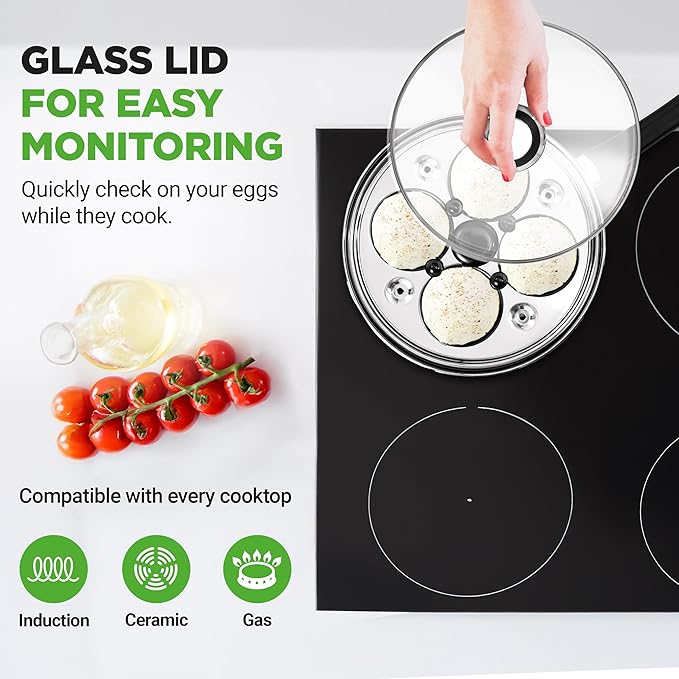 NutriChef Egg Poacher Pan Set - 7.87” Stainless Steel Poached Egg Cooker with 4 Non-Stick Poaching Cups, Glass Lid, Timer, Oven Mitt, and Spatula for Perfect Poached Eggs, Induction Compatible, Silver