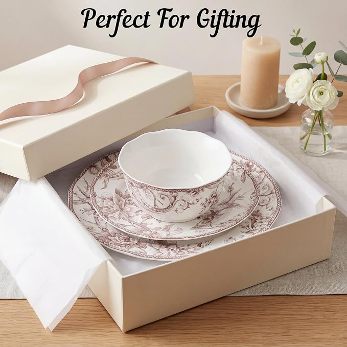 222 Fifth Adelaide Brown on White 12-Piece Dinnerware Set – Service for 4, Big Dinner Plates and Bowls Sets,Durable Porcelain, Microwave and Dishwasher Safe, for Everyday Dining & Entertainment