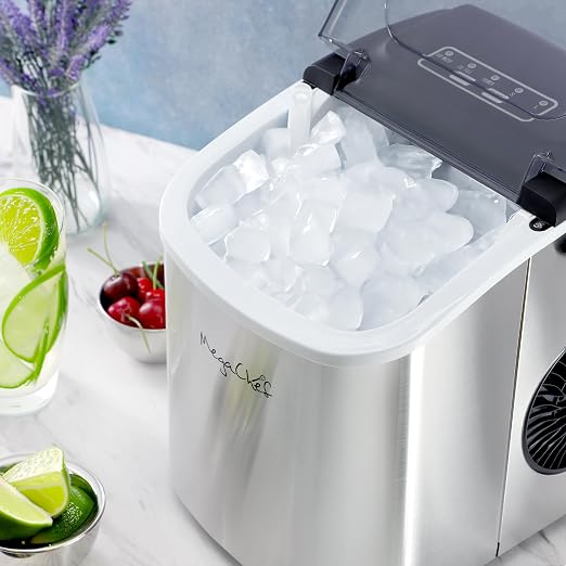 MegaChef 26 Pound Countertop Bullet Ice Maker, Basket and Scooper, Countertop Ice Machine, Easy-Carry Portable Ice (Silver)