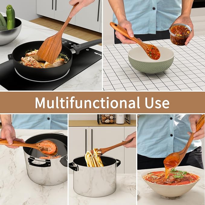 Brosisincorp Natural Teak Wood Spoons for Cooking with Holder 7 Pcs, Comfortable Grip Wooden Kitchen Utensils Set Scratch-Free Smooth Finish for Non-Stick Cookware