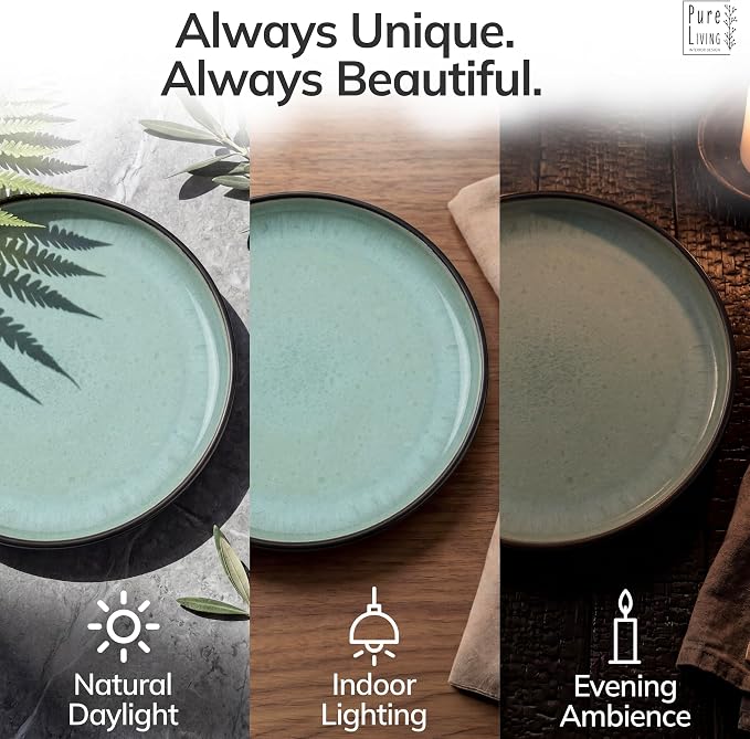 24 Piece Stoneware Dinnerware Set for 6 - Handmade Reactive Glaze Plates and Bowls Set - Chip & Scratch Resistant Dish Set - Dishwasher Microwave Safe - Dark Sage Green