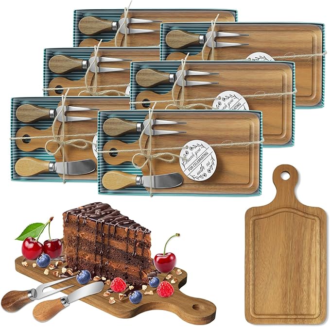 AZEAM 6 Sets Baby Bridal Shower Prizes for Game Winners, Acacia Mini Cheese Board Sets with Knives Forks and Present Box, Small Charcuterie Boards Bulk for Party Wedding Guests Present