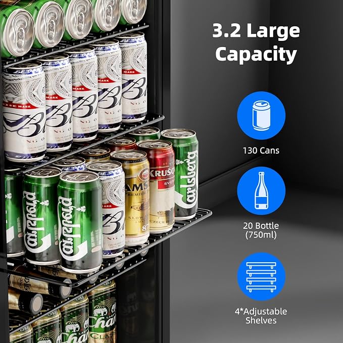 Antarctic Star Mini Fridge -130 Can Beverage Refrigerator for Soda Beer or Wine, Stainless steel door frame, for Office or Bar with Adjustable Removable Shelves, Silver, 3.1 Cu.Ft