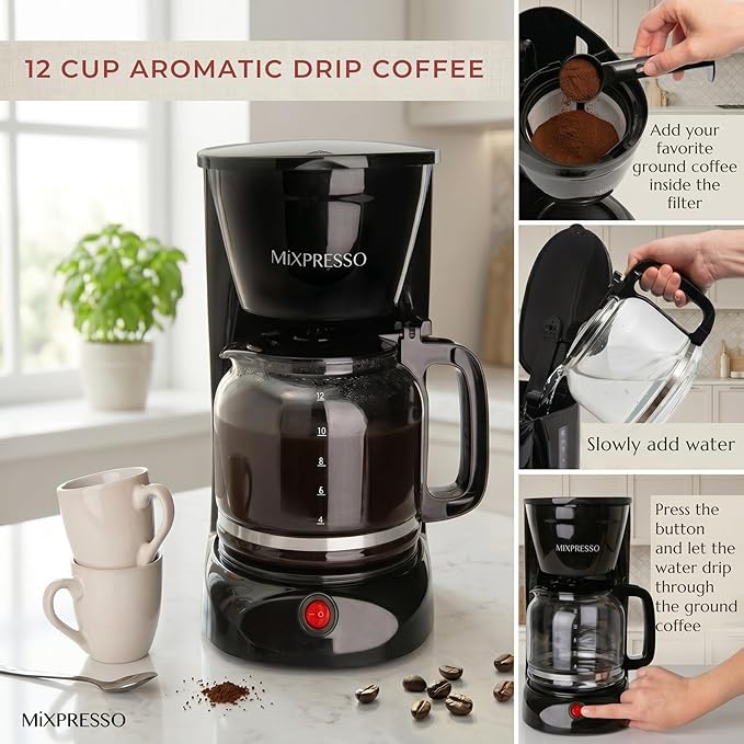 Mixpresso 12 Cup Coffee Pot, Auto-Off & Reusable Filter, Large Drip Coffee Maker, Borosilicate Glass Carafe, Anti-Drip, Water Window, Easy On/Off Switch, Black Coffee Machine