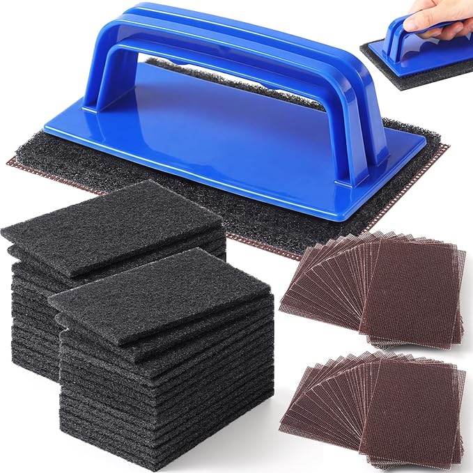 Reallnaive 62 Pcs Griddle Cleaning Kit Screen Holder Grill Screens Cleaning Pads Heavy Duty Abrasive Mesh Pads for Flat Tops, Cast Iron, Stainless Steel Griddle Cleaner Accessories Bundle (Blue)