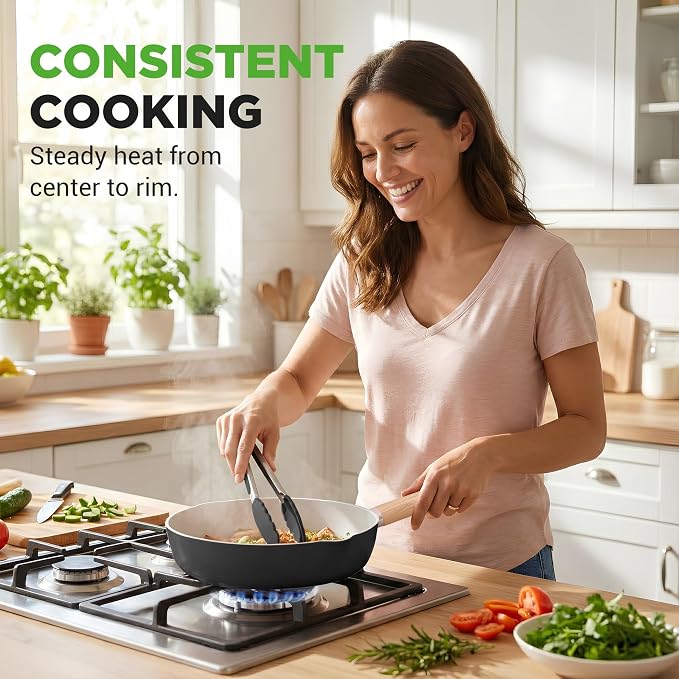NutriChef 14 Pcs Nonstick Ceramic Cookware Set - Induction Safe Pots and Pans with Glass Lids, Cool-Touch Handles, Even Heat Distribution, Dishwasher Safe, Includes Spatula, Ladle, Tong -Black