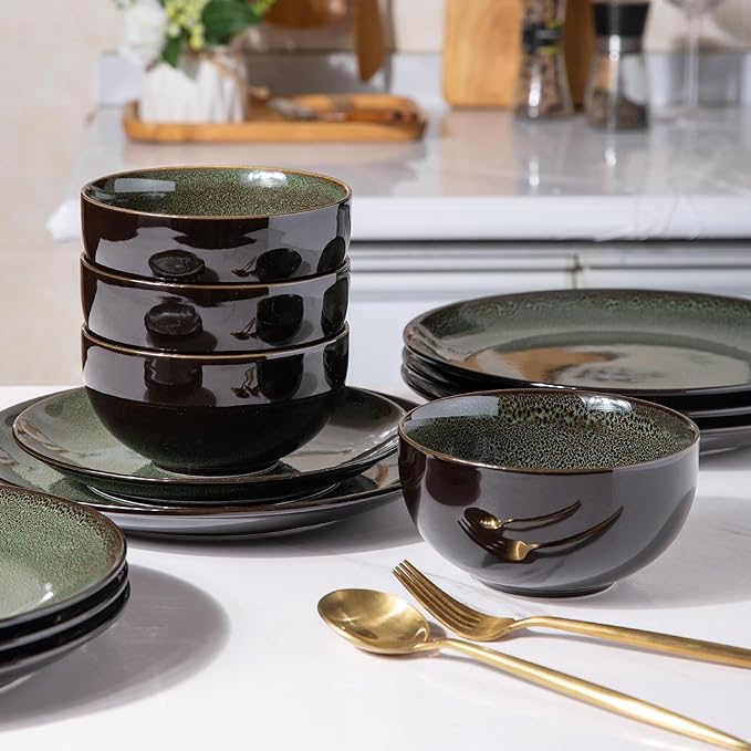 LERATIO Ceramic Dinnerware Sets for 4,Handcraft Stoneware Plates and Bowls Sets,Highly Chip and Crack Resistant | Dishwasher & Microwave & Oven Safe Dishes set,Reactive Glaze Dinnerware- Service for 4