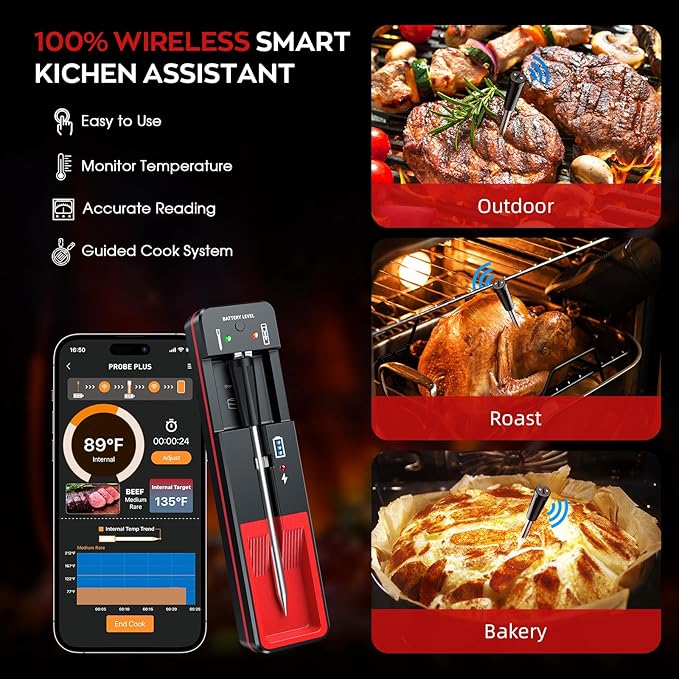 BSRCO Wireless Meat Thermometer, Digital Food Thermometer for Cooking and Grilling, 360 ft Bluetooth Smart Meat Thermometer, for Oven Safe, Kitchen, Smoker, Sous Vide, iOS & Android App Compatible