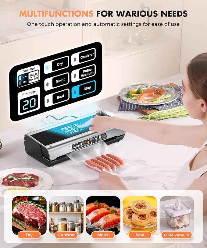 Food Vacuum Sealer Machine, 95KPa Powerful Food Saver with Dry/Moist/External Vacuum Modes, Built-in Cutter & Bag Storage, Single/Double Sealing, 1 Bag & 15 Pre-cut Bags（Silver）