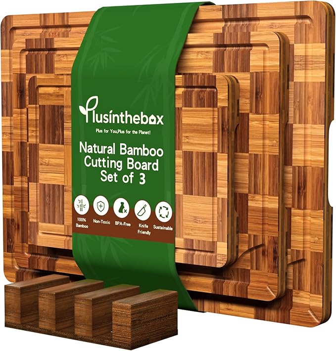 Bamboo Cutting Board Set of 3 for kitchen Checkered End Grain Chopping Boards with Storage Stand & Deeper Juice Grooves | Reversible Butcher Block for Meat, Cheese, Charcuterie & Kitchen Prep