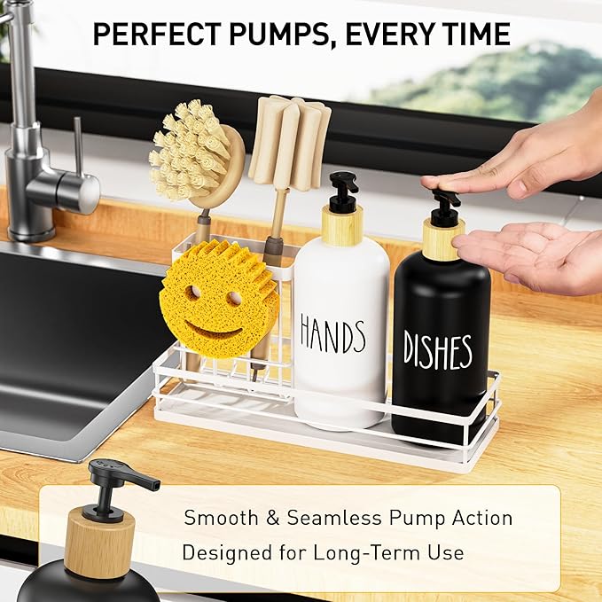 Moforoco Kitchen Dish Soap Dispenser Set, 16OZ Glass Bottle, Hand and Dish Soap Dispenser Set, Instant Dry Tray, Brush Holder with Smiley Face Sponge Holder (White Tray+Black&White Bottle)