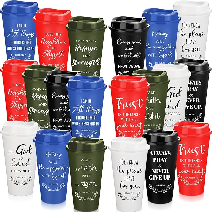 Skylety 20 Pack Bulk Christian Gifts for Men Women 16oz Reusable Bible Verse Tumbler Plastic Coffee Cup with Lid Inspirational Religious Church Gift for Teacher Graduation Party Favor (Bold Color)