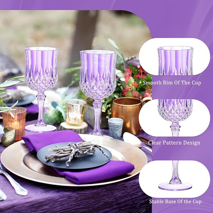 7OZ Plastic Wine Glasses, Reusable Vintage Goblets Unbreakable Drinking Glasses Crystal Water Cups Champagne for Wedding, Parties (48, Light Purple)
